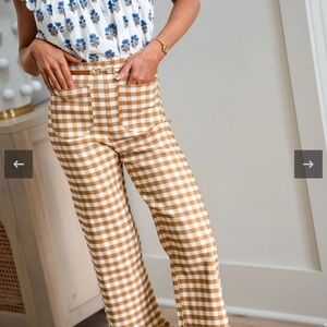 High-Waist Gingham Wide-Leg Trousers - Tan/White